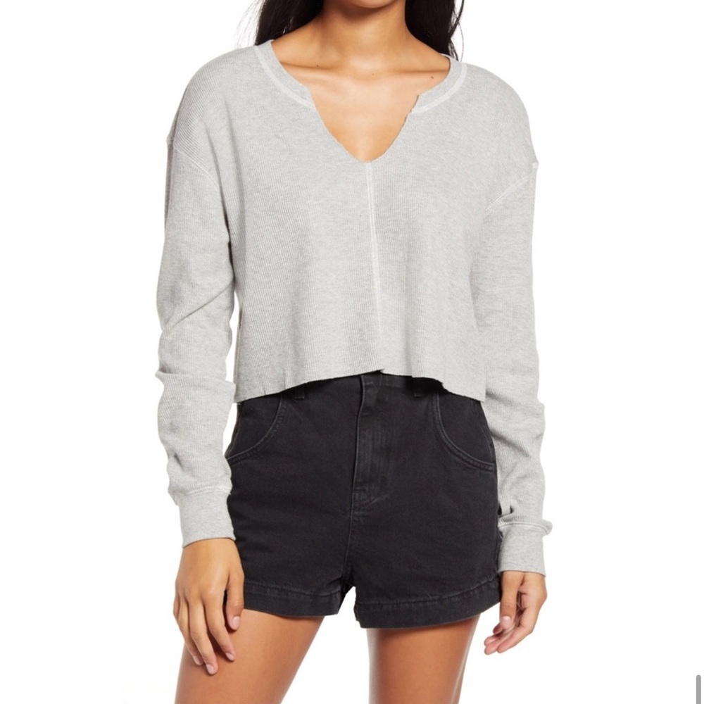 Nordstrom 14 Split Neck Thermal Crop Top light heather grey long sleeve